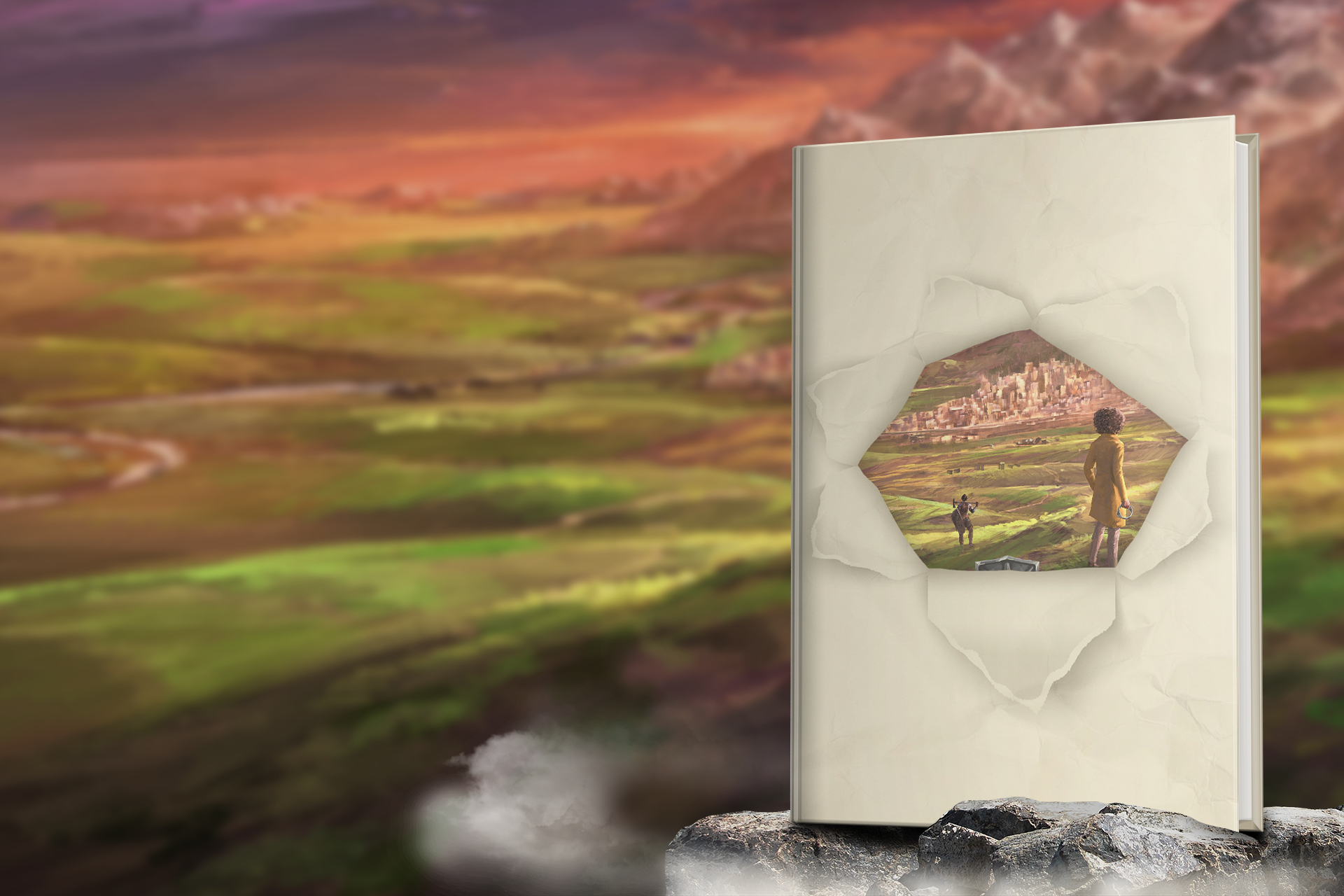 Fragments of a Moonless Dawn book standing in a fantasy landscape