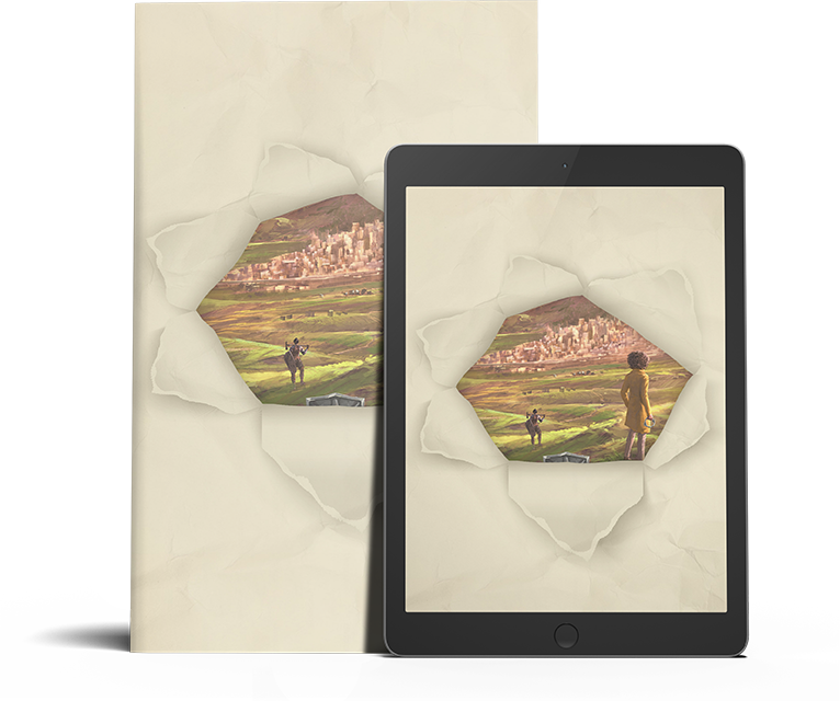 Fragments of a Moonless Dawn shown as a book and tablet